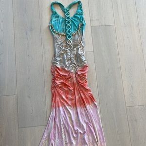 Open back tie dye rouched slit maxi dress